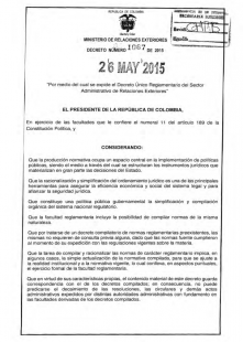 Decreto 1067 Por medio del cual se expide el Decreto Único Reglamentario del Sector Administrativo de RREE Colombia