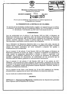 Decreto 0834 Por el cual se establecen disposiciones en materia migratoria de la República de Colombia